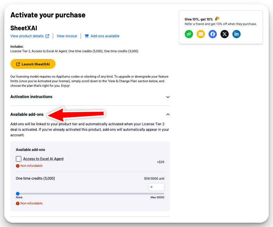 The Available add-ons section expanded on the SheetXAI purchase page