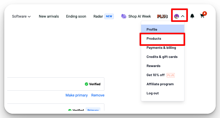 AppSumo profile menu with Products highlighted