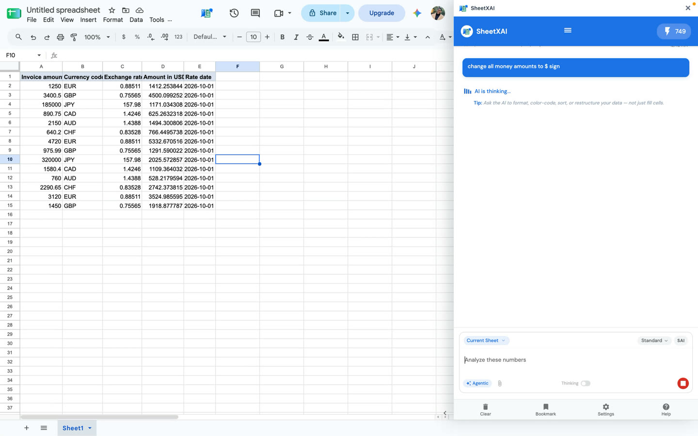 Example conversion output with exchange rates, USD amounts, and the API's returned rate date.