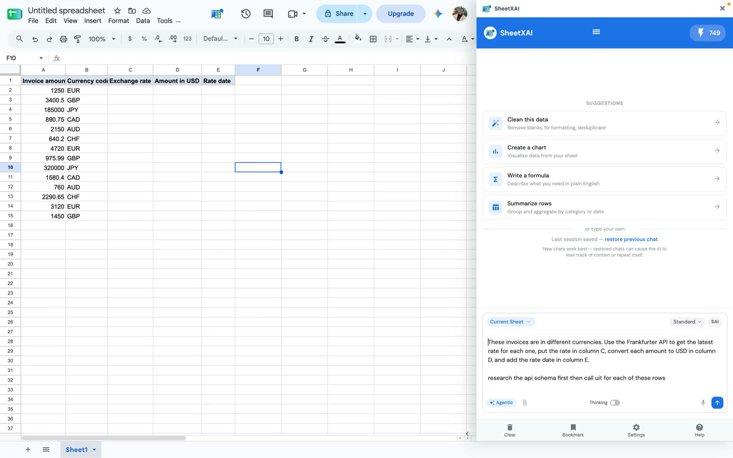 Invoice rows and a request to inspect the Frankfurter API schema and fill rate, converted amount, and rate-date columns.