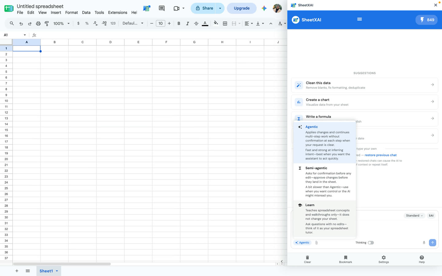 The chat-mode selector offers Agentic, Semi-agentic, and Learn modes.