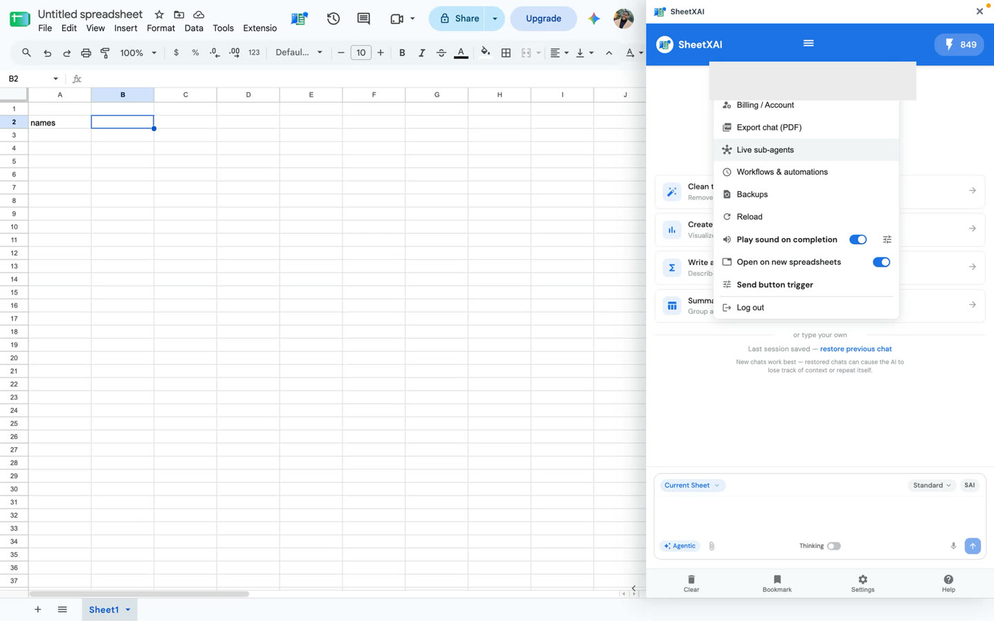 SheetXAI account menu with the account identity masked.