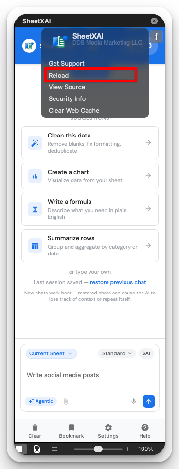 The task pane menu with Reload highlighted